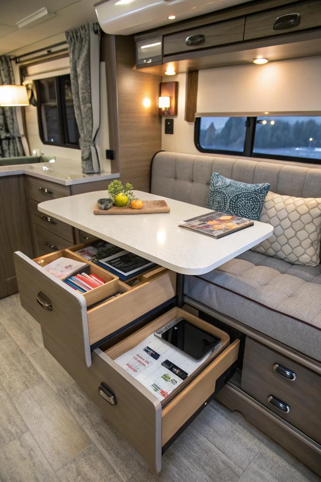 Optimize your space with a table that includes storage options.