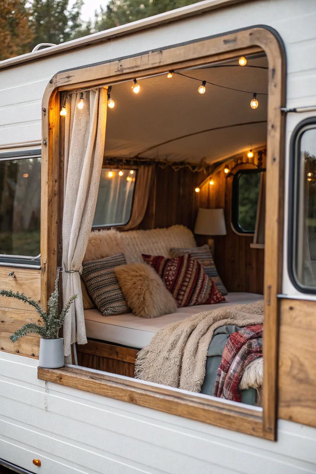 Country-style timber borders inject a cozy, cabin-esque appeal to RV windows.