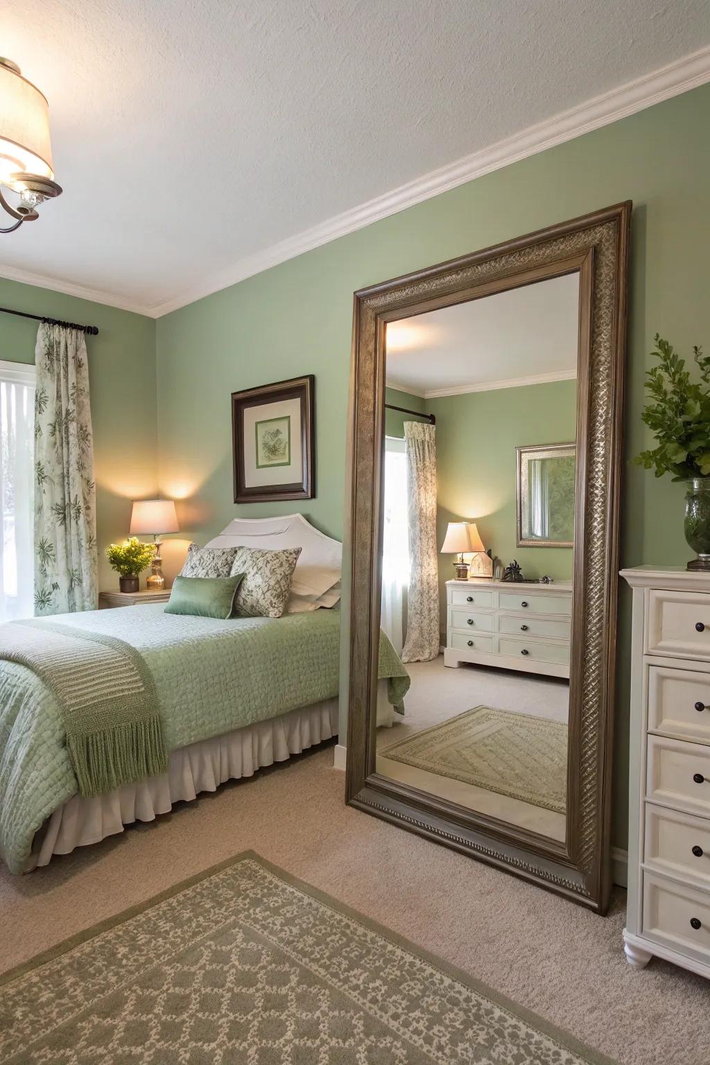 A sizable mirror enhances space and light, injecting class into the bedroom.