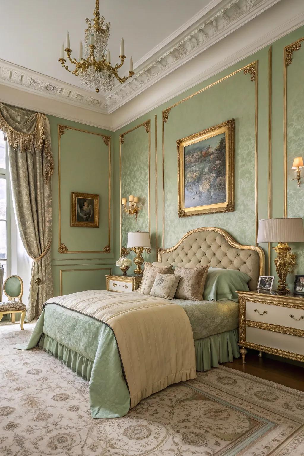 Soft green and gold highlights come together to bring a refined elegance to your sleeping quarters.