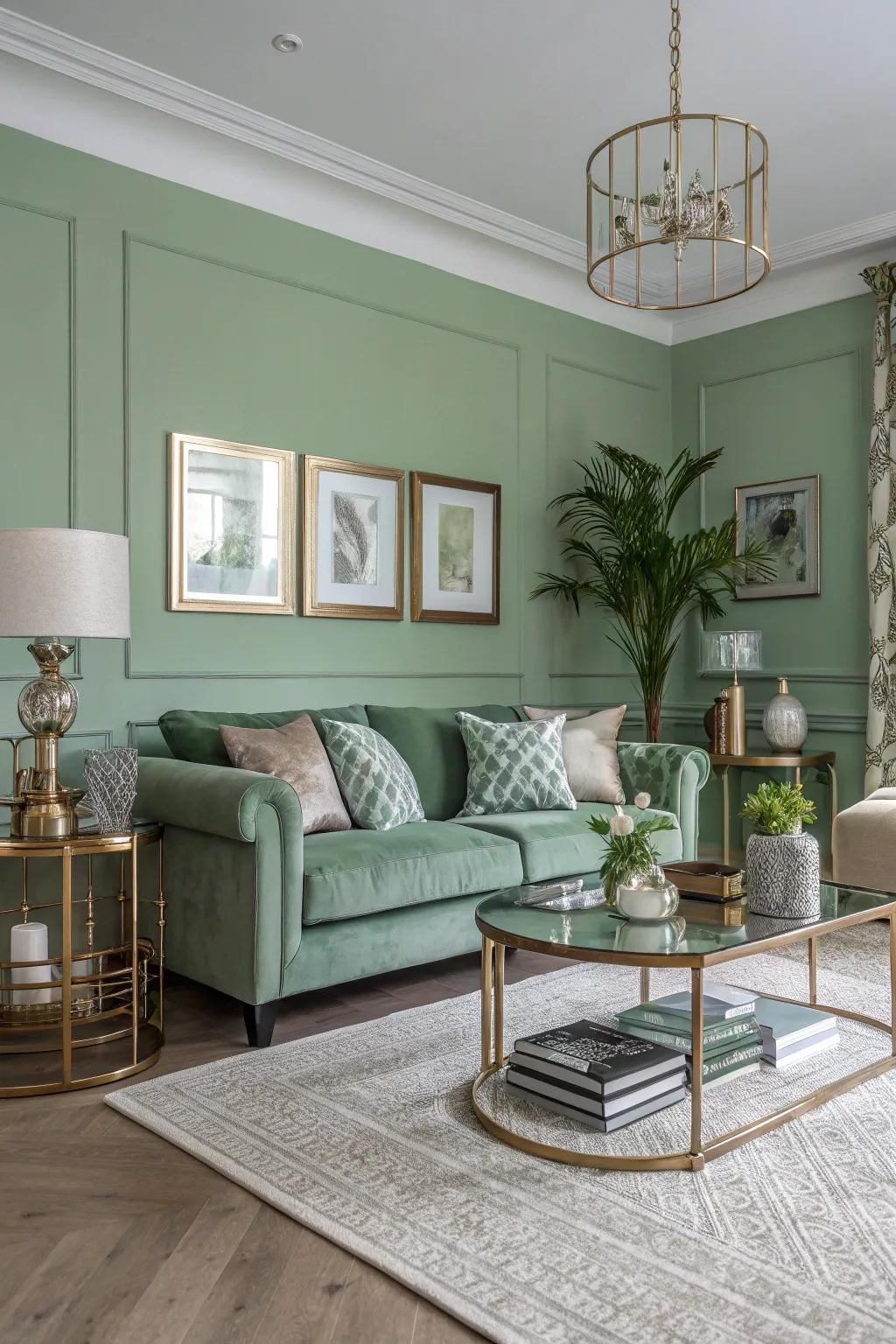 Metallic touches add a stylish sparkle to sage green interiors.