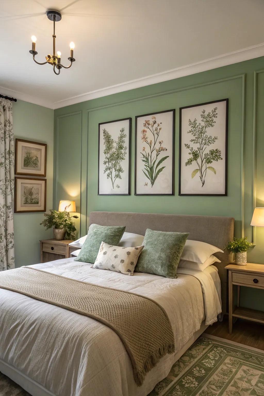 A bedroom showcasing sage green walls with botanical prints.