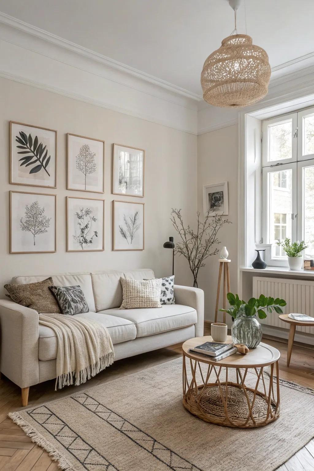 Simple art pieces contribute to the understated elegance of a Scandinavian living room.
