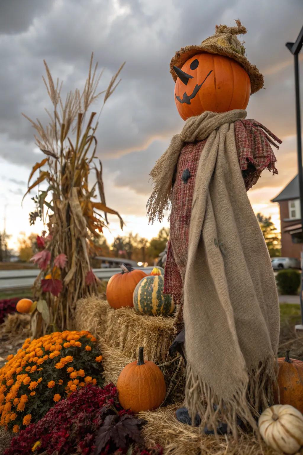 A sack scarf contributes a woodsy touch to the scarecrow pumpkin.