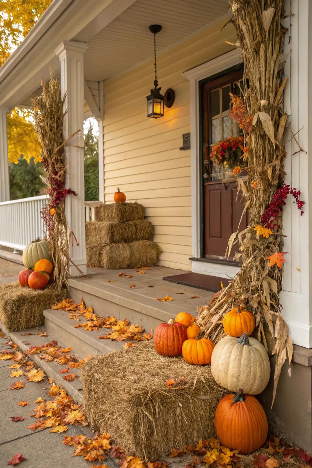 Rural elements like plant fibres and corn stalks suggest a traditional Halloween atmosphere.