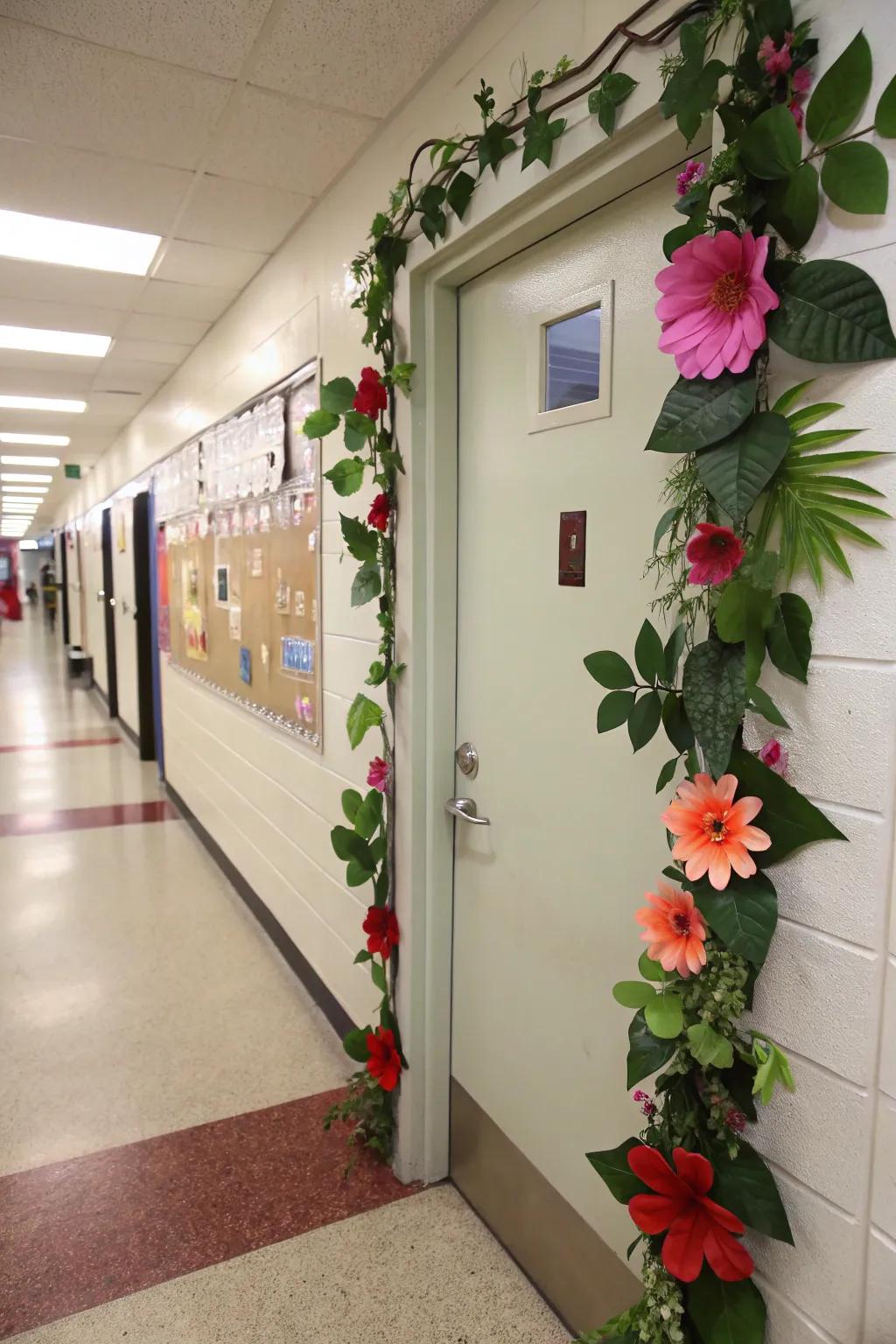 A nature-inspired school door with flowers and greenery.