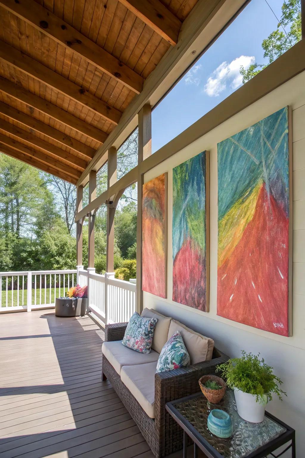 A DIY art creation contributes a personalized touch to the porch.