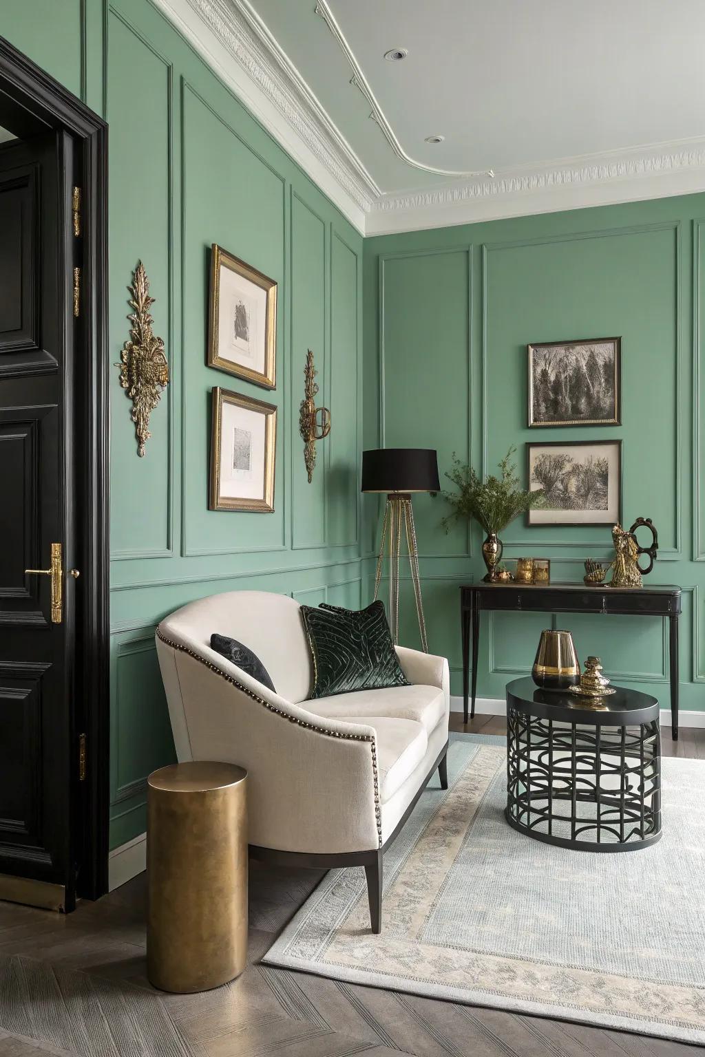 A balanced room featuring seafoam green walls and a softened palette.