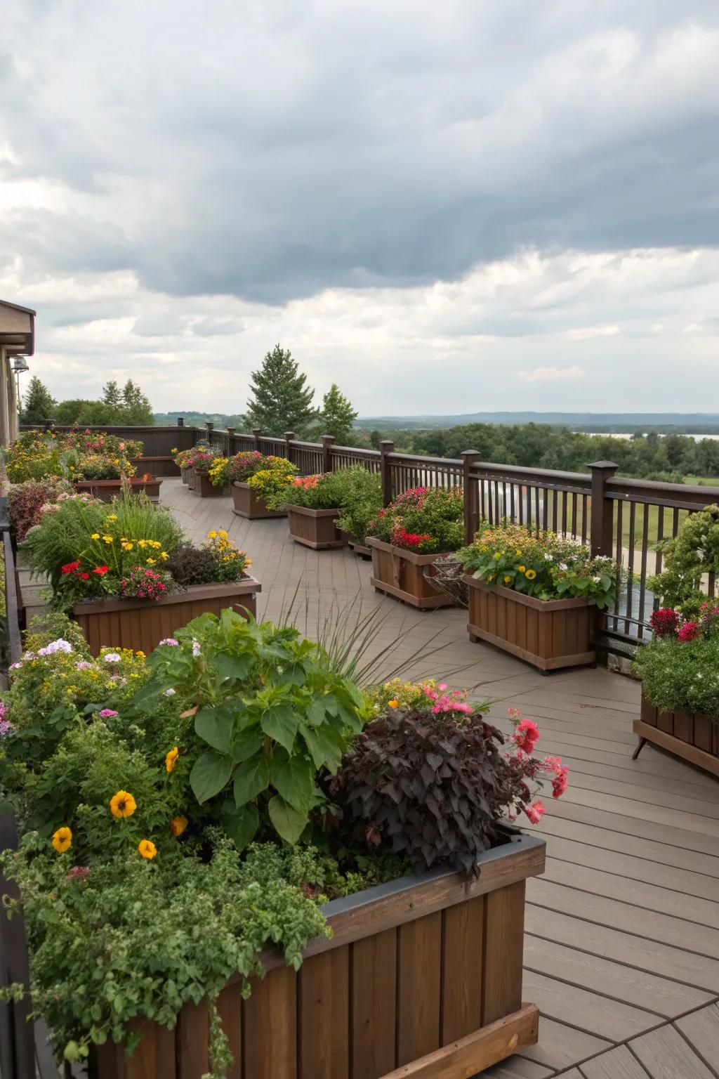 A deck that acts as a lush garden getaway, brimming with vibrant greenery.