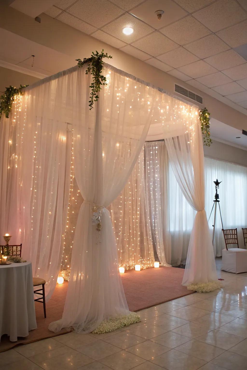 Create fairy-tale magic using a tulle and lights selfie station.