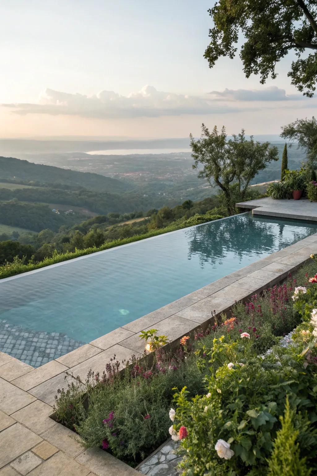 A semi inground pool with a remarkable infinity edge that elevates the scenery.