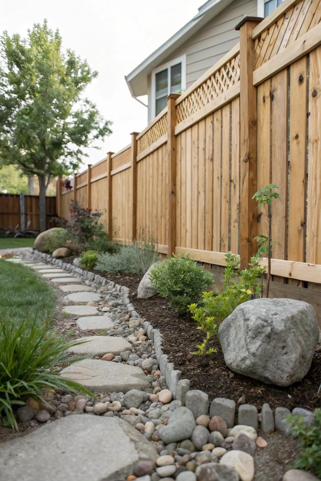 Alternating boards introduce texture and depth to this tranquil backyard environment.