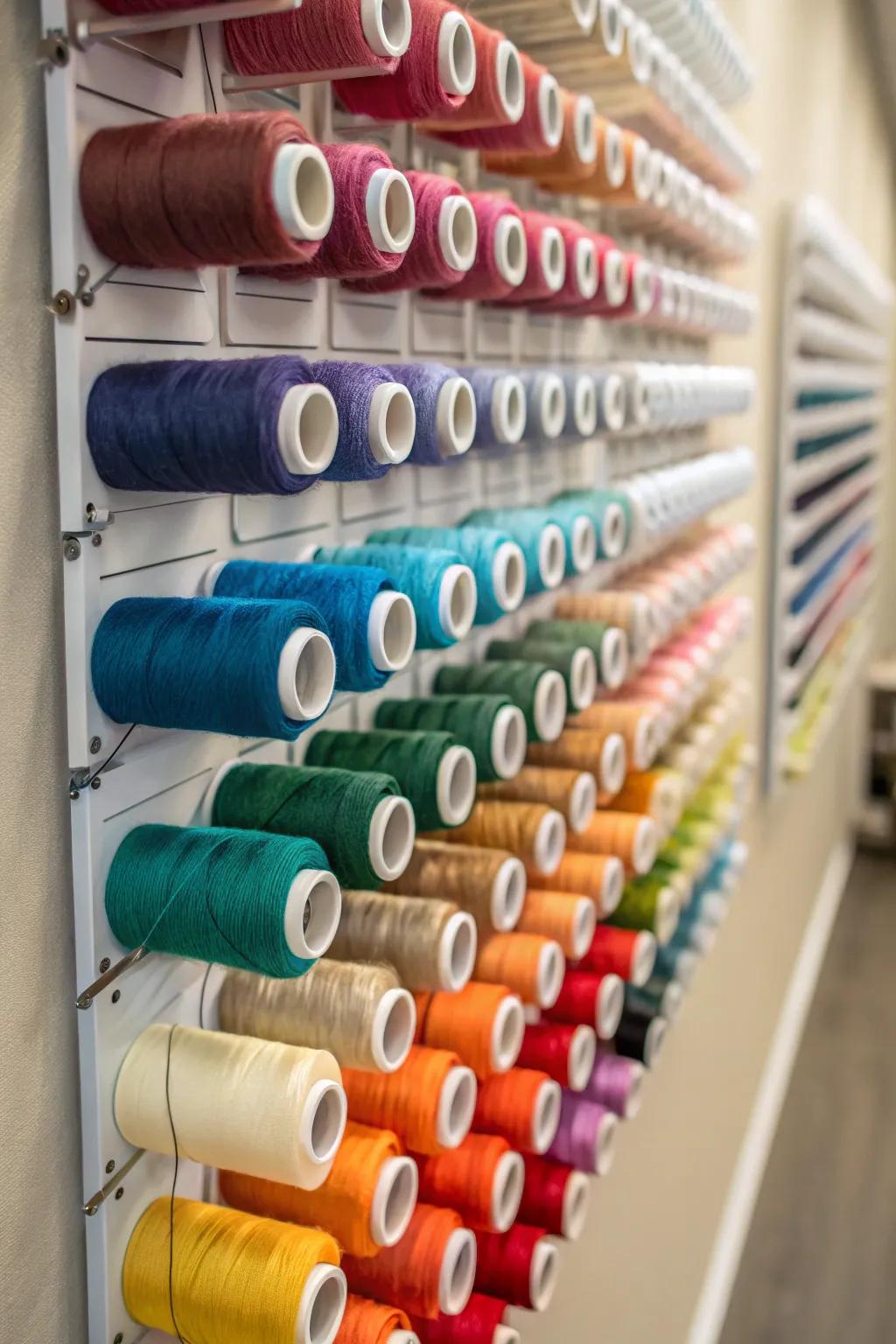 Spools are neatly arranged and accessible on a thread rack.