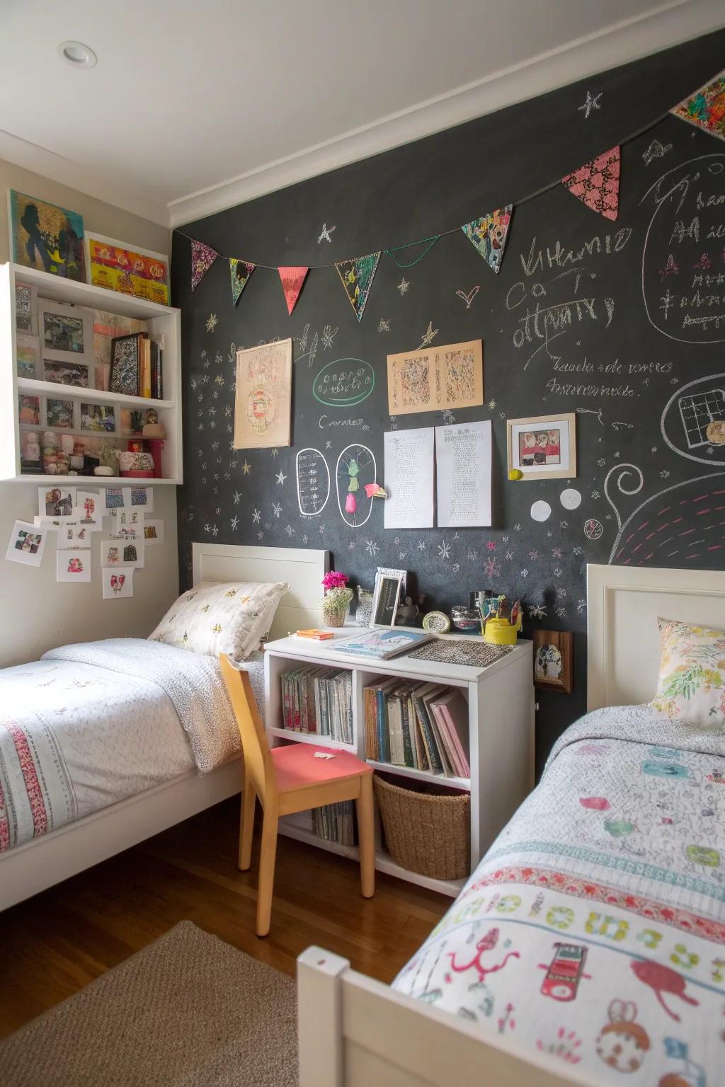 A chalkboard surface encourages creativity and fun interaction.