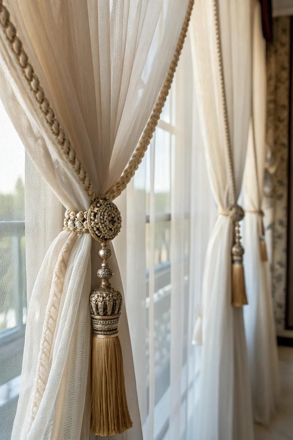 Elegant accents like tiebacks and curtain rods enhance the sophistication of sheer curtains.