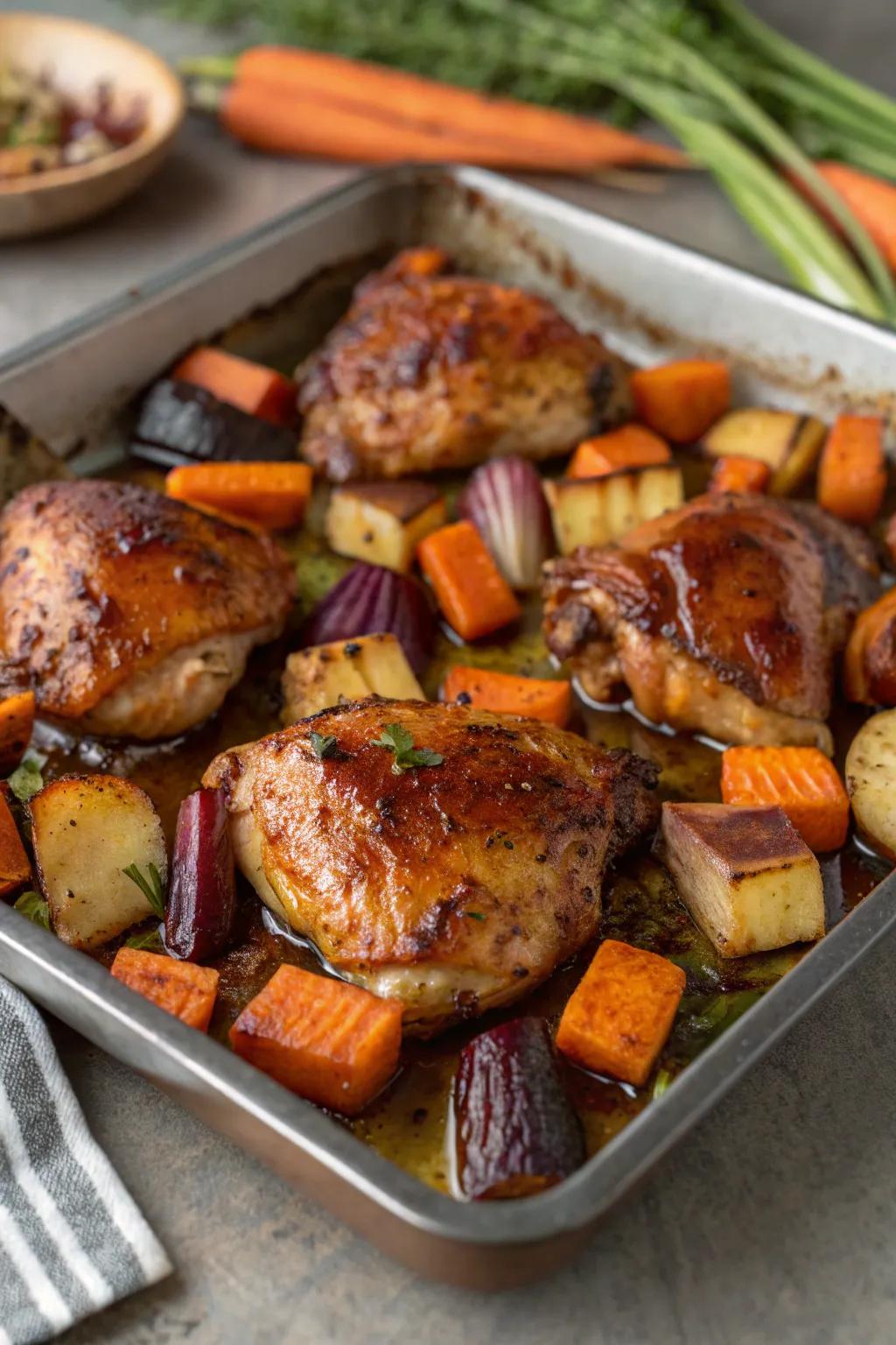 Balsamic chicken with root medley, hearty and packed with flavor.