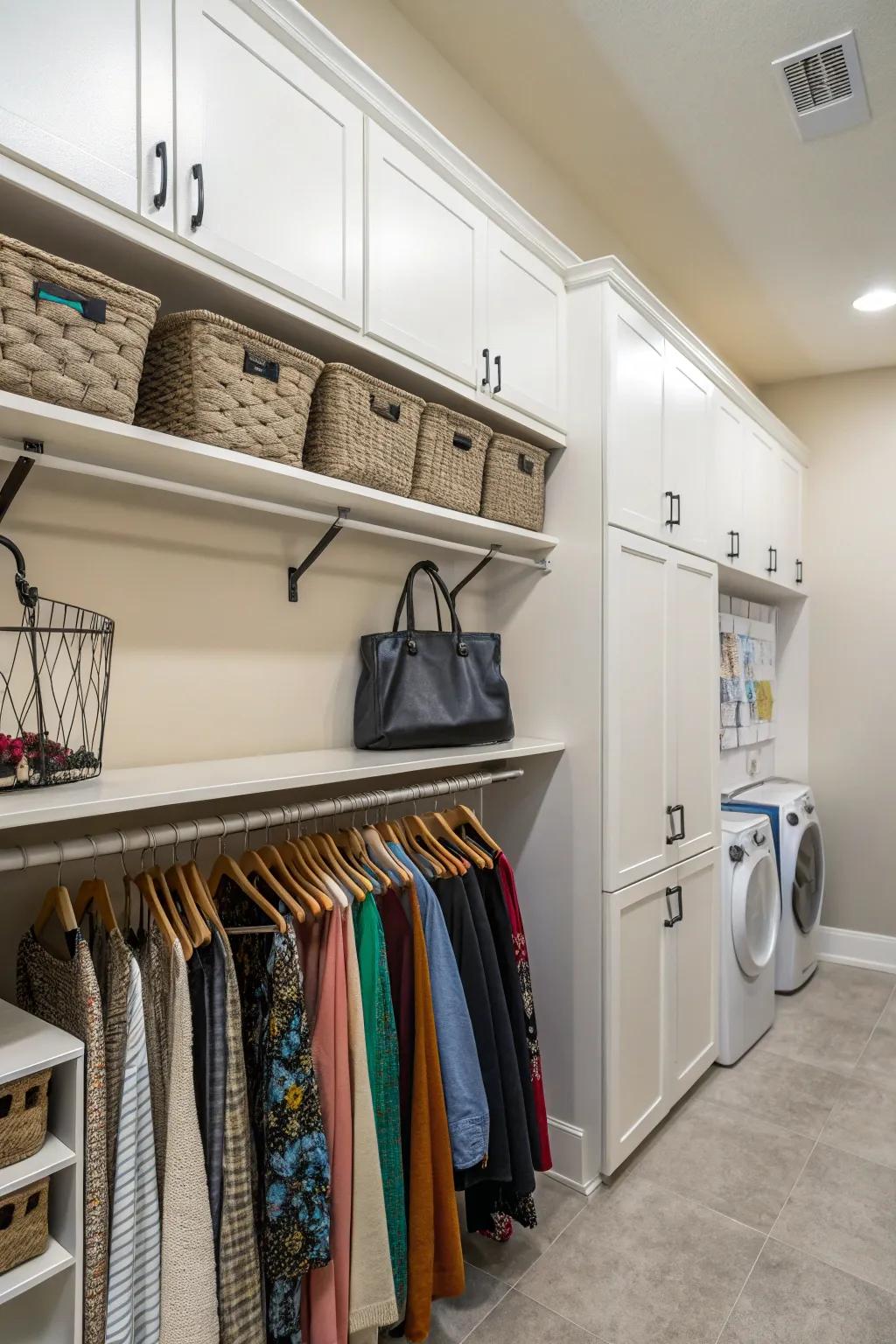 Shelves in a laundry room featuring hooks and rods for versatile storage solutions.
