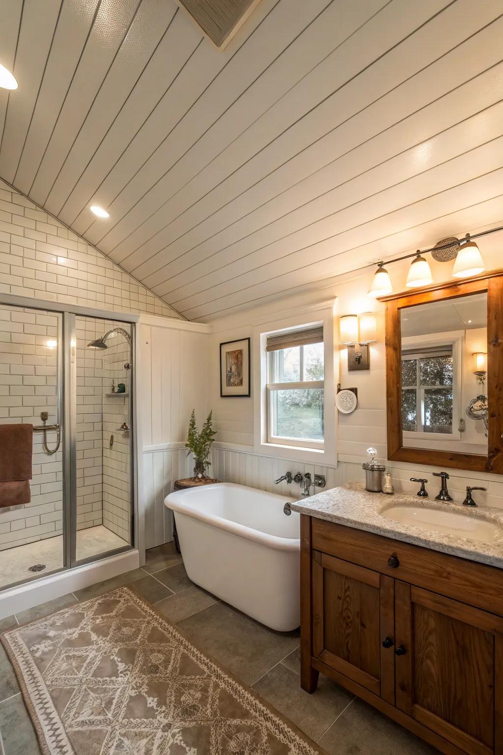 A bathroom showcasing plank ceilings to achieve a consistent design.