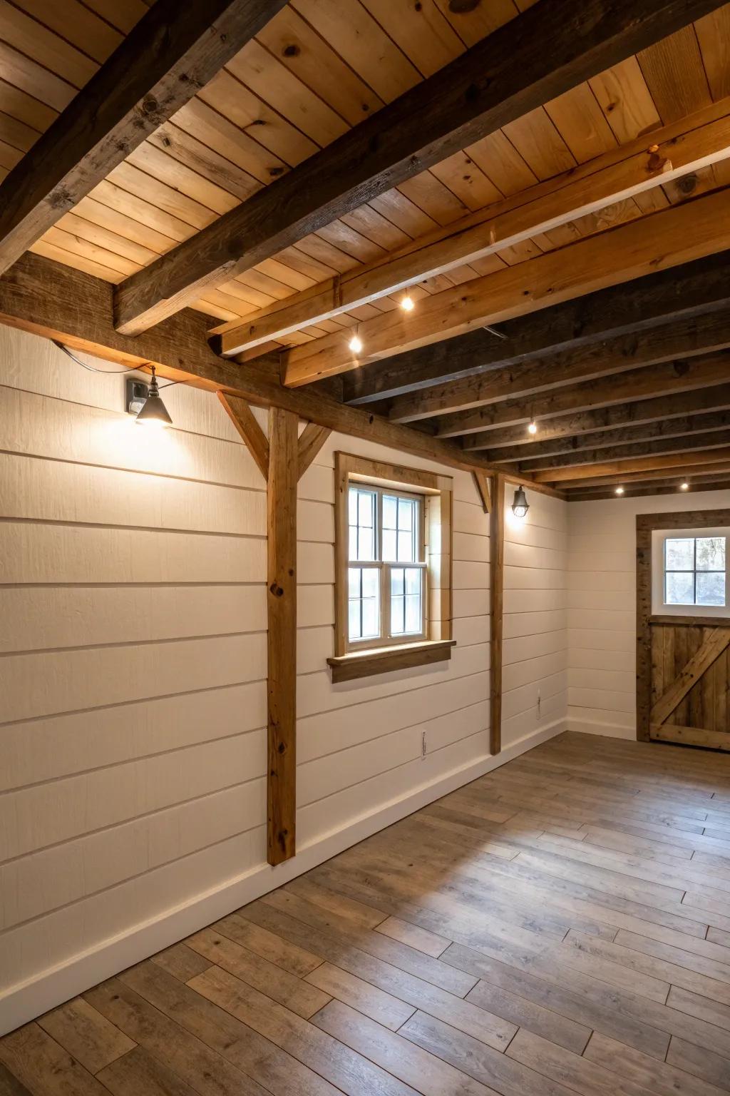 Shiplap and ceiling beams create a rustic charm.