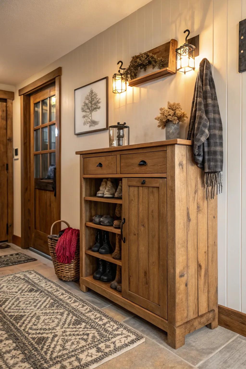 A rustic wooden shoe cabinet brings charm to the entryway.