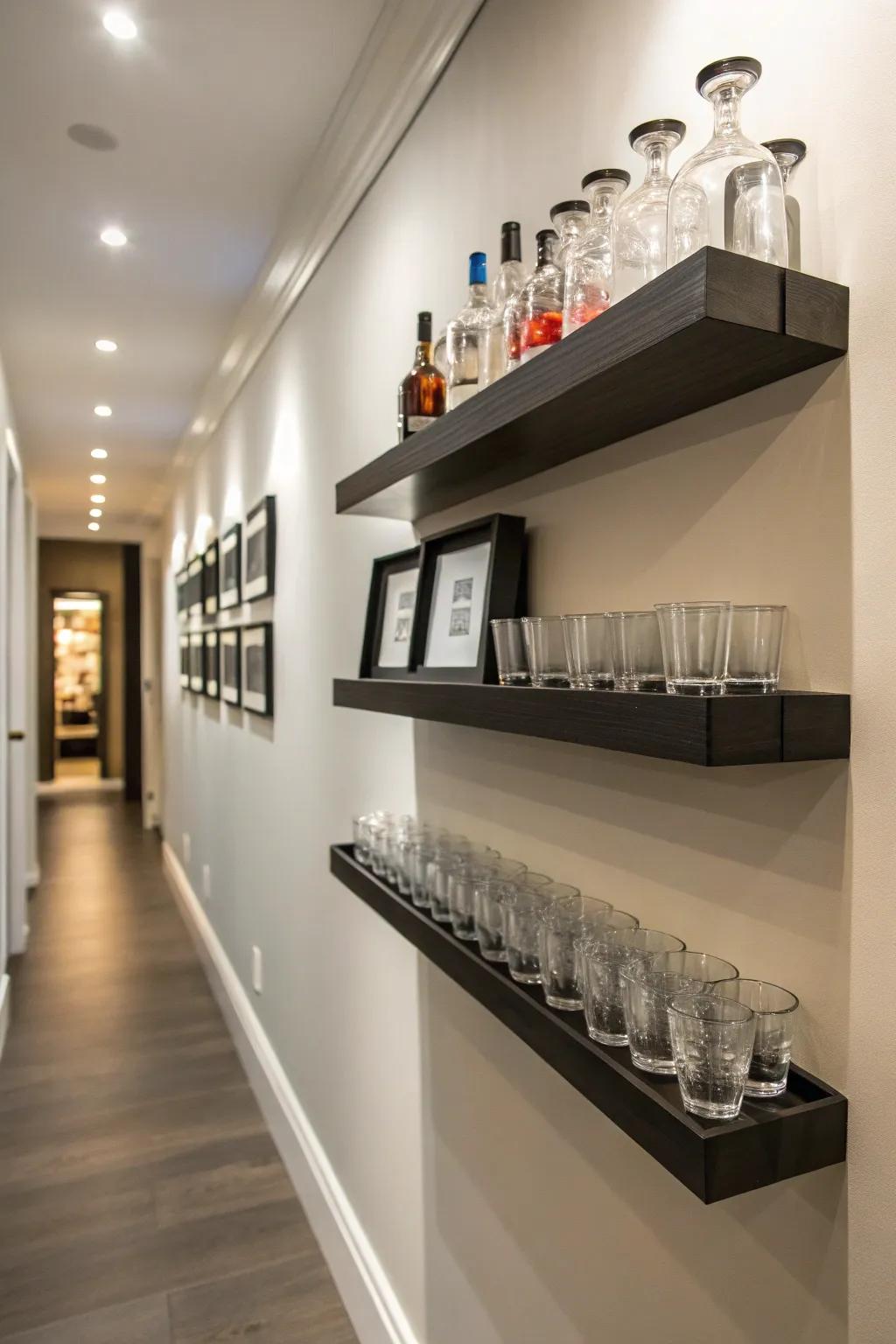 A hallway featuring floating shelves with shot glasses, creating a minimalist aesthetic.