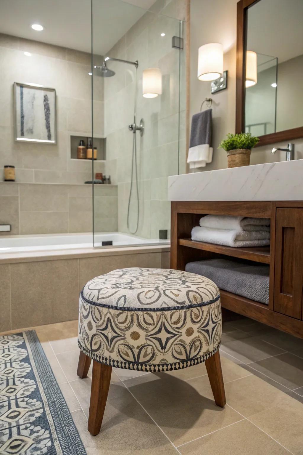 Decorative touches such as perches contribute charm and practicality to the shower space.