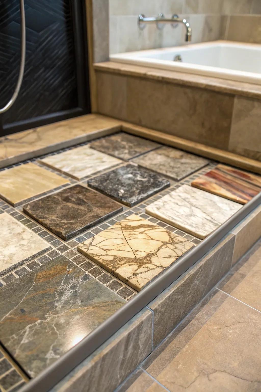 Natural stone tiles with unique patterns lend an upscale feel to this luxurious shower pan.