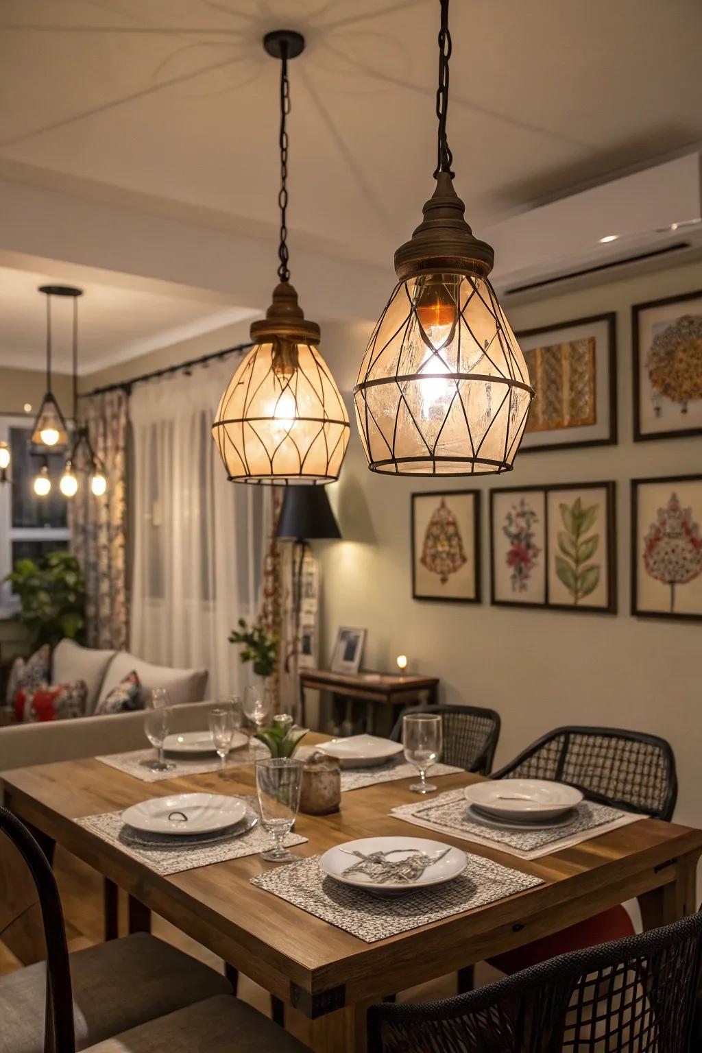 Pendant lights create an intimate ambiance for dining experiences.