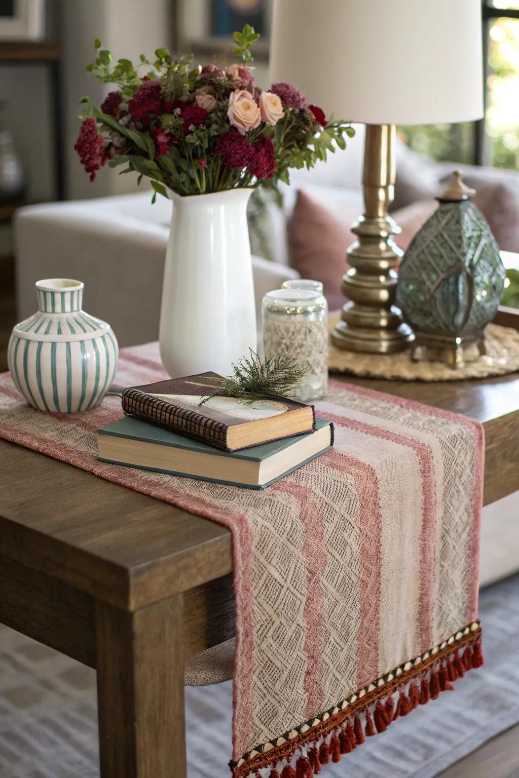 A side table styled with a textured runner for added depth.