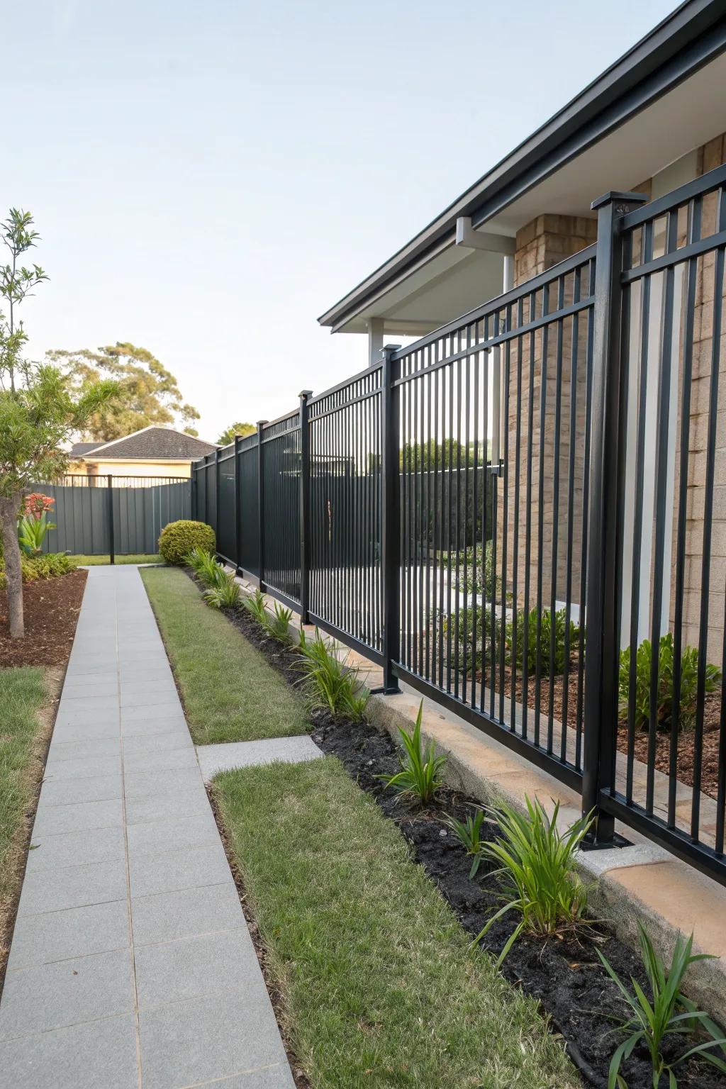 Modern side yard featuring a dark metal fence.