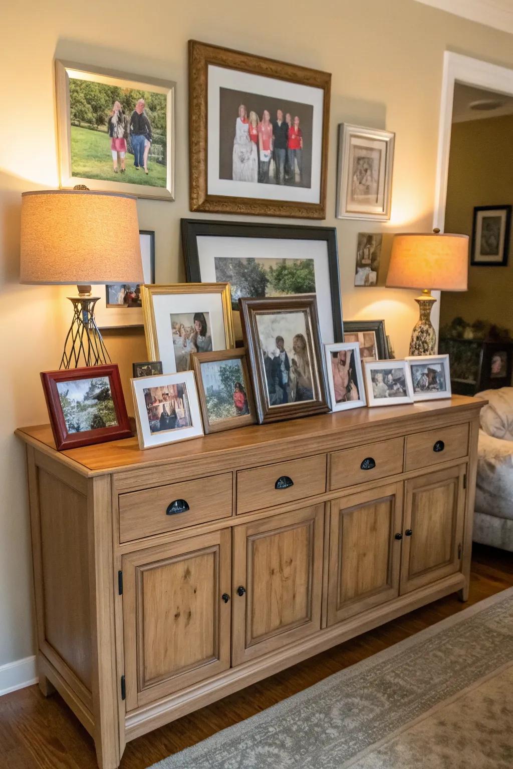 Intimate impressions with kin likenesses on a credenza craft warmth and familiarity.