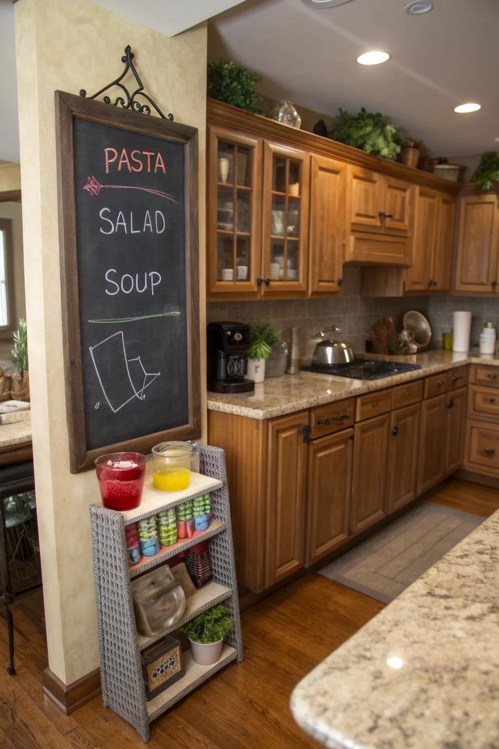 A culinary space showcasing a slate menu plaque with the week's dinners.
