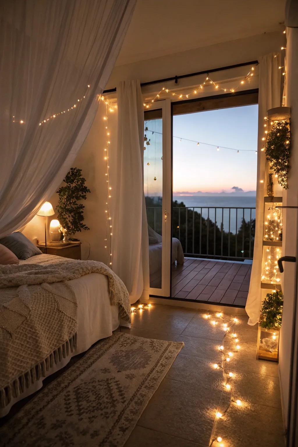 Decorative illumination improving the bedroom and balcony.