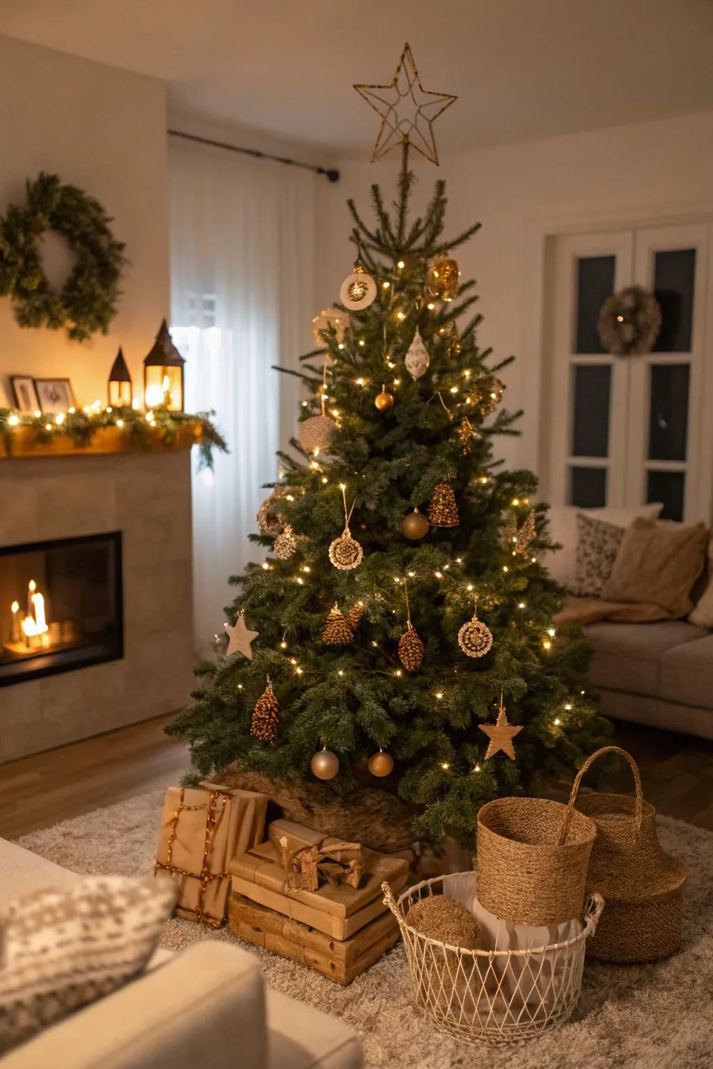 Rustic sophistication with wooden ornaments.