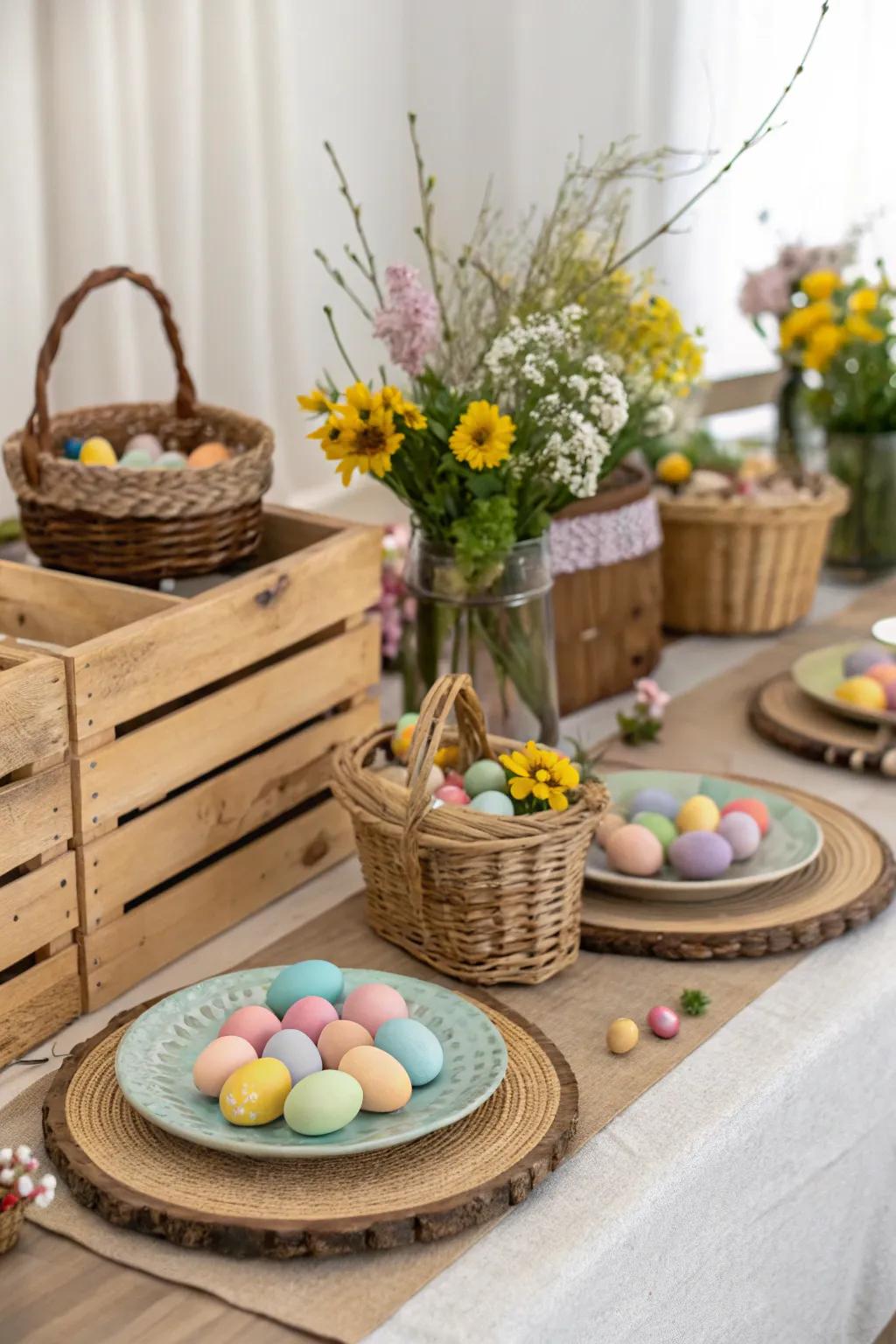Wooden aspects impart a countryside touch to the table.