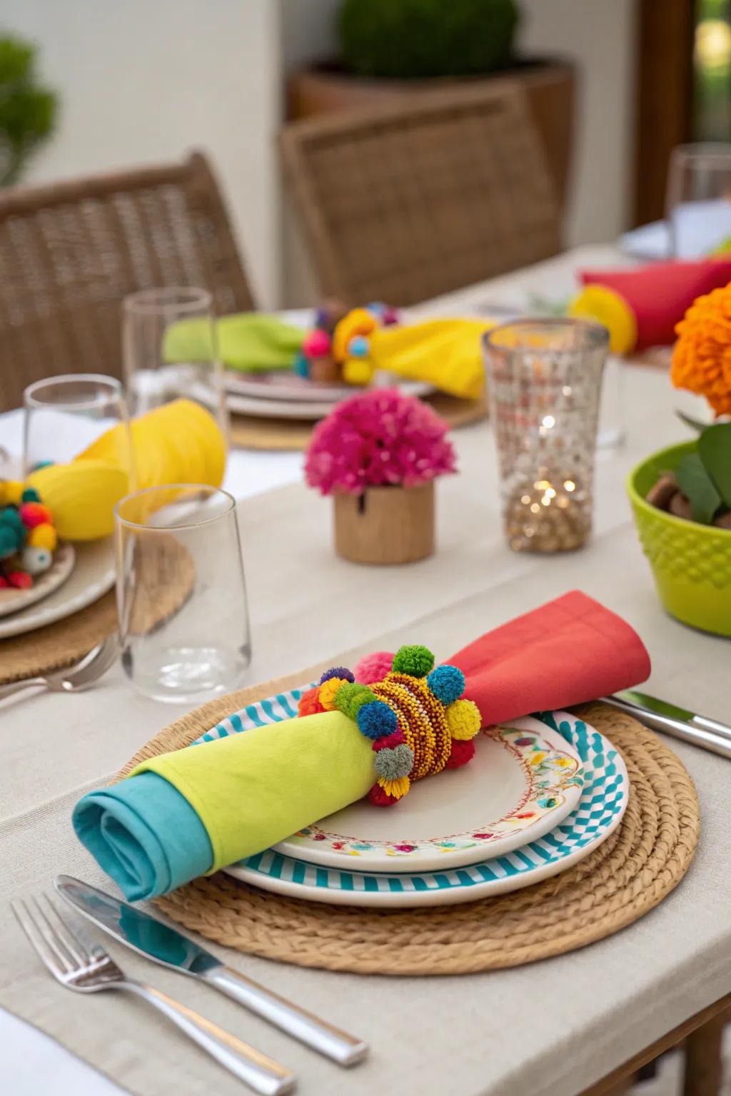 Colorful napkin rings add a pop of color to the table.