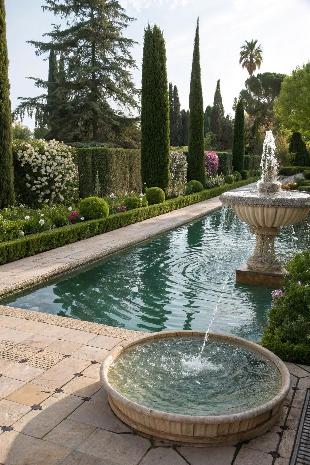 A tranquil water feature adding elegance to the pool area.