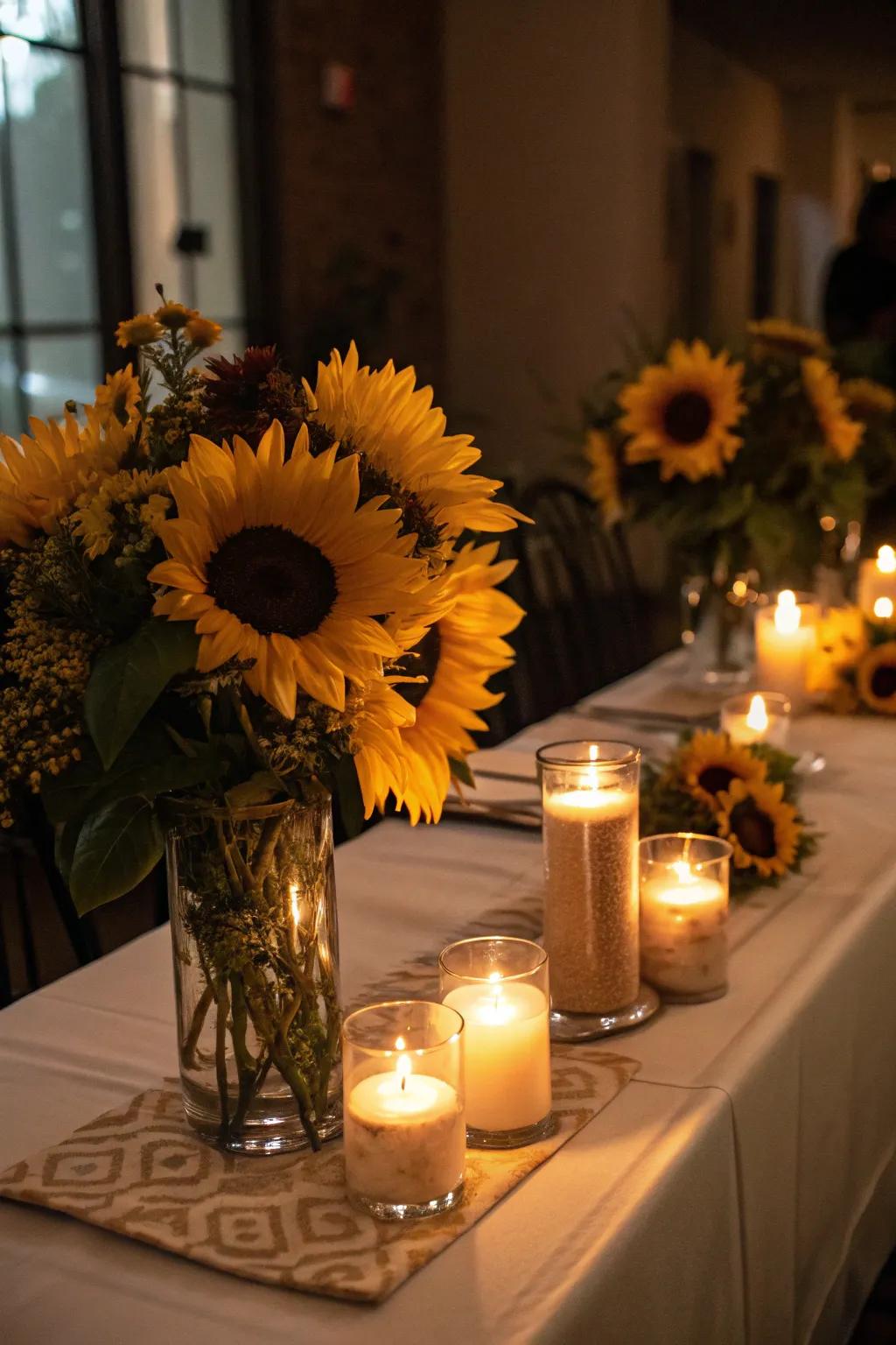 Sunflowers combined with candlelight create an inviting and romantic atmosphere.