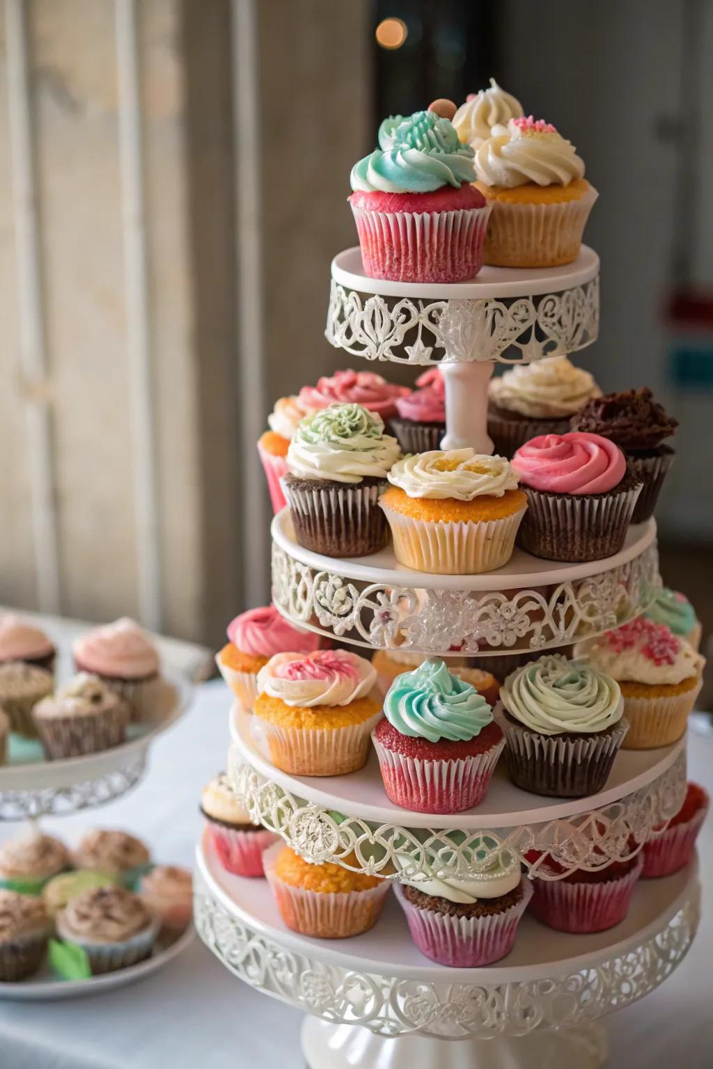 Mini cake tower presenting assortment and charm.