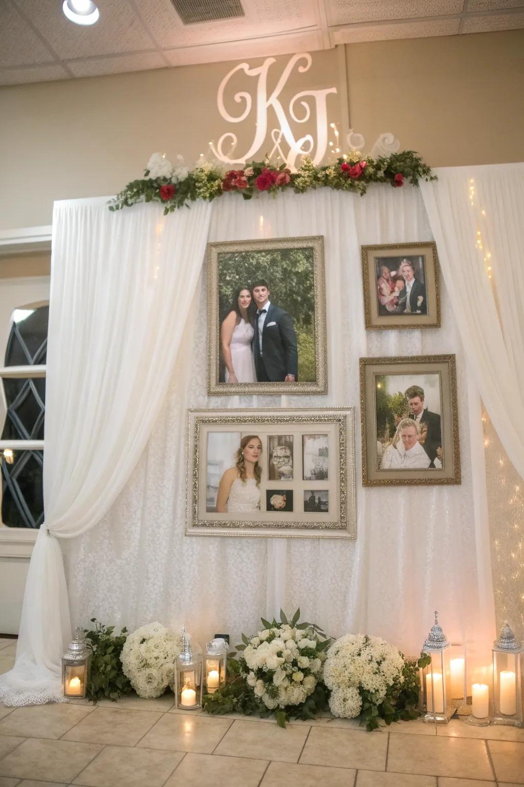 A personalized photo backdrop shares your story and connects guests.