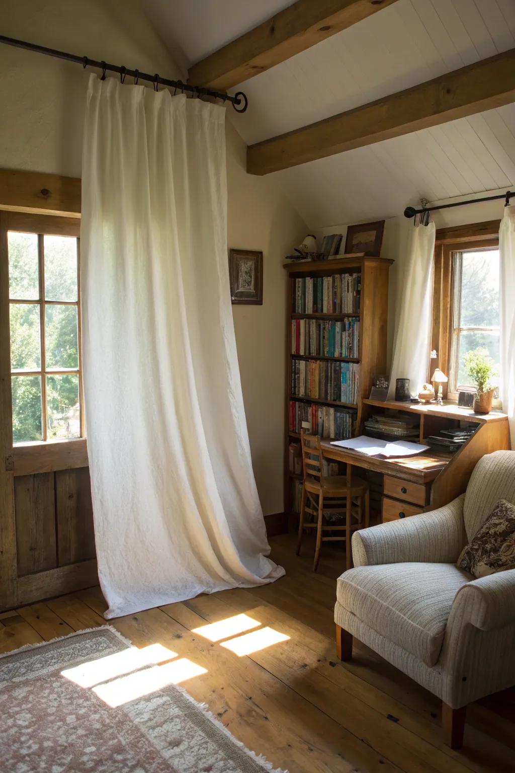 High and wide curtain placement makes this small study feel more spacious.