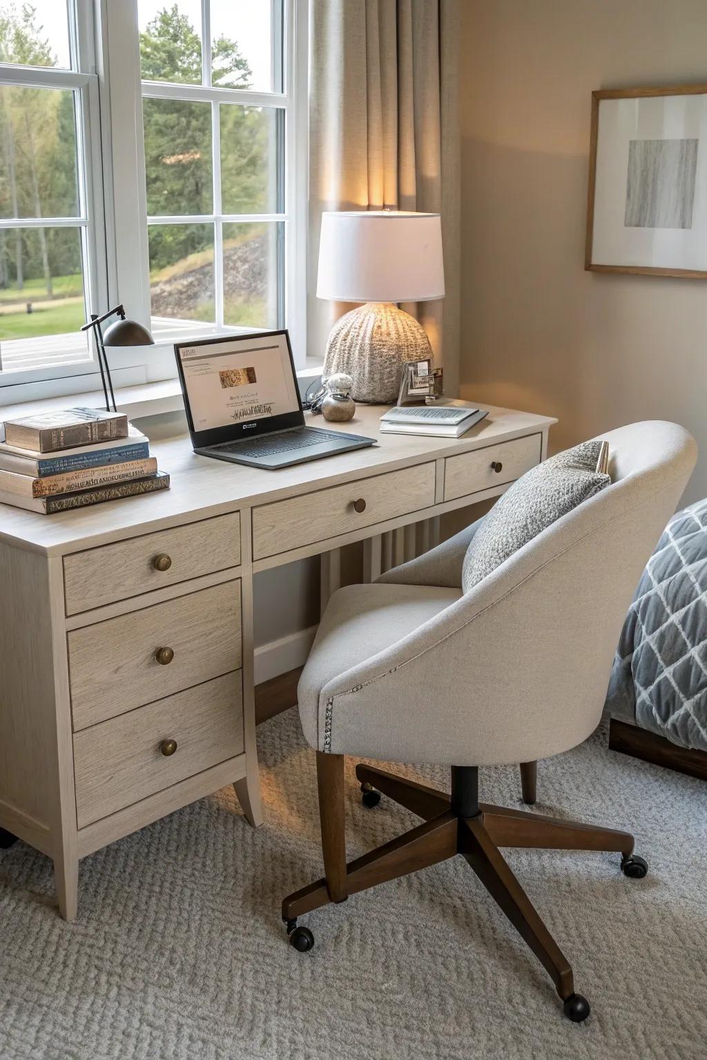 A workspace blending functionality and style within the bedroom.
