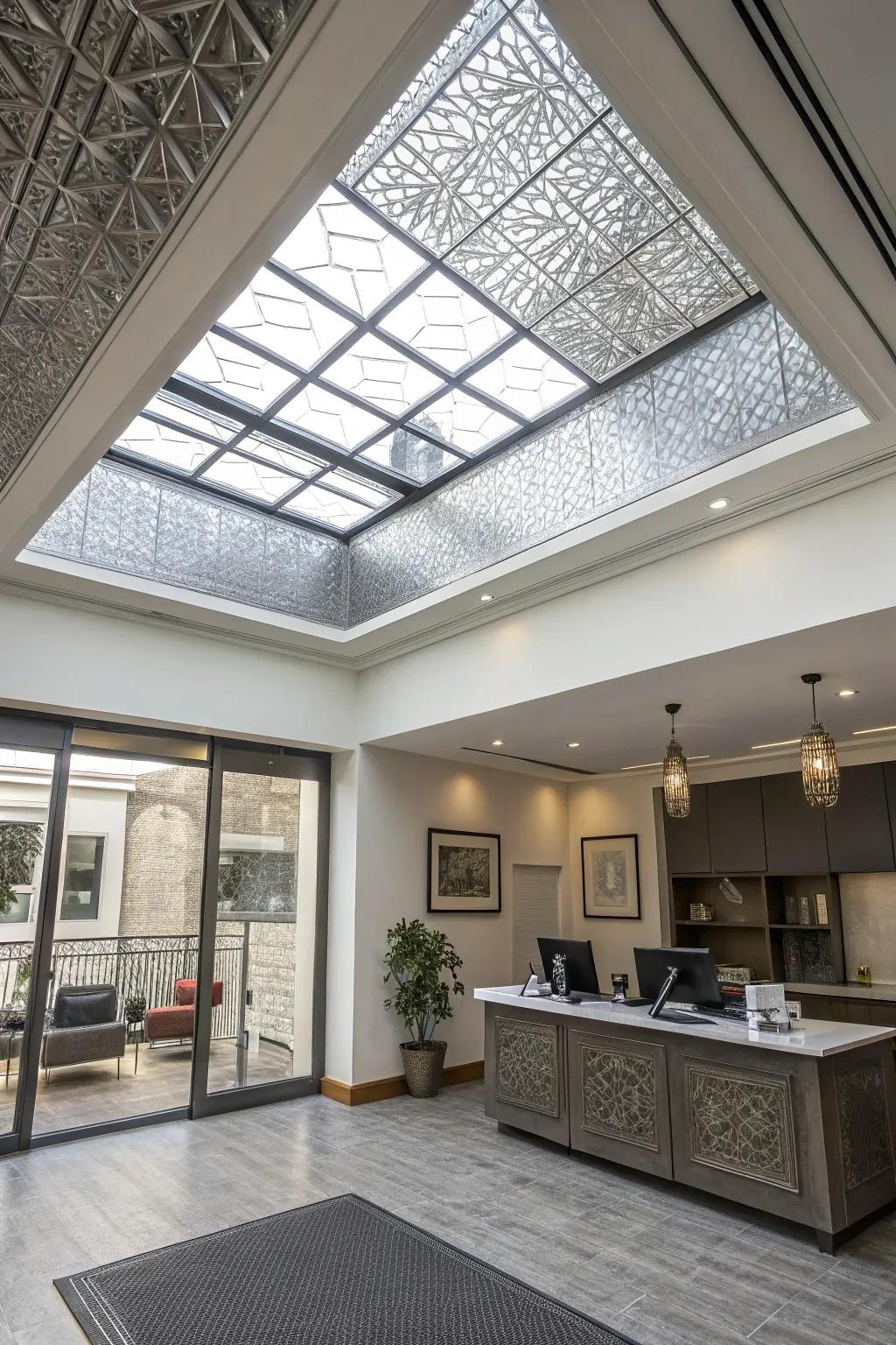 An office with a skylight featuring textured metal trim.