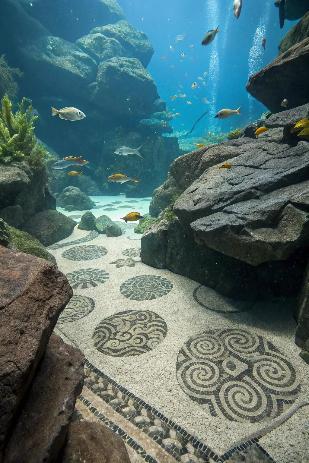 An artistic mosaic composition utilizing mineral stones.