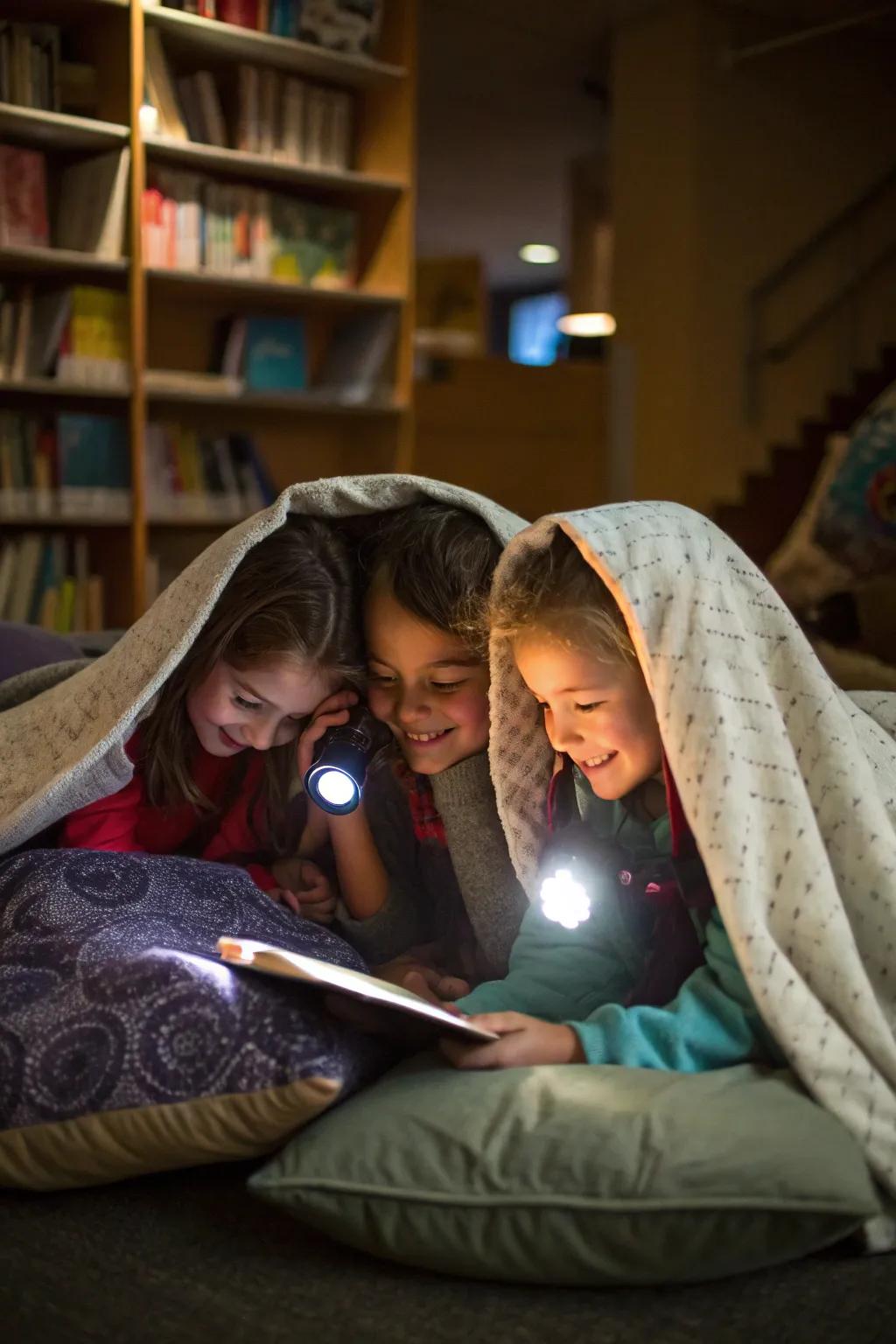 Storytime illuminated by flashlights adds a cozy and intimate touch.