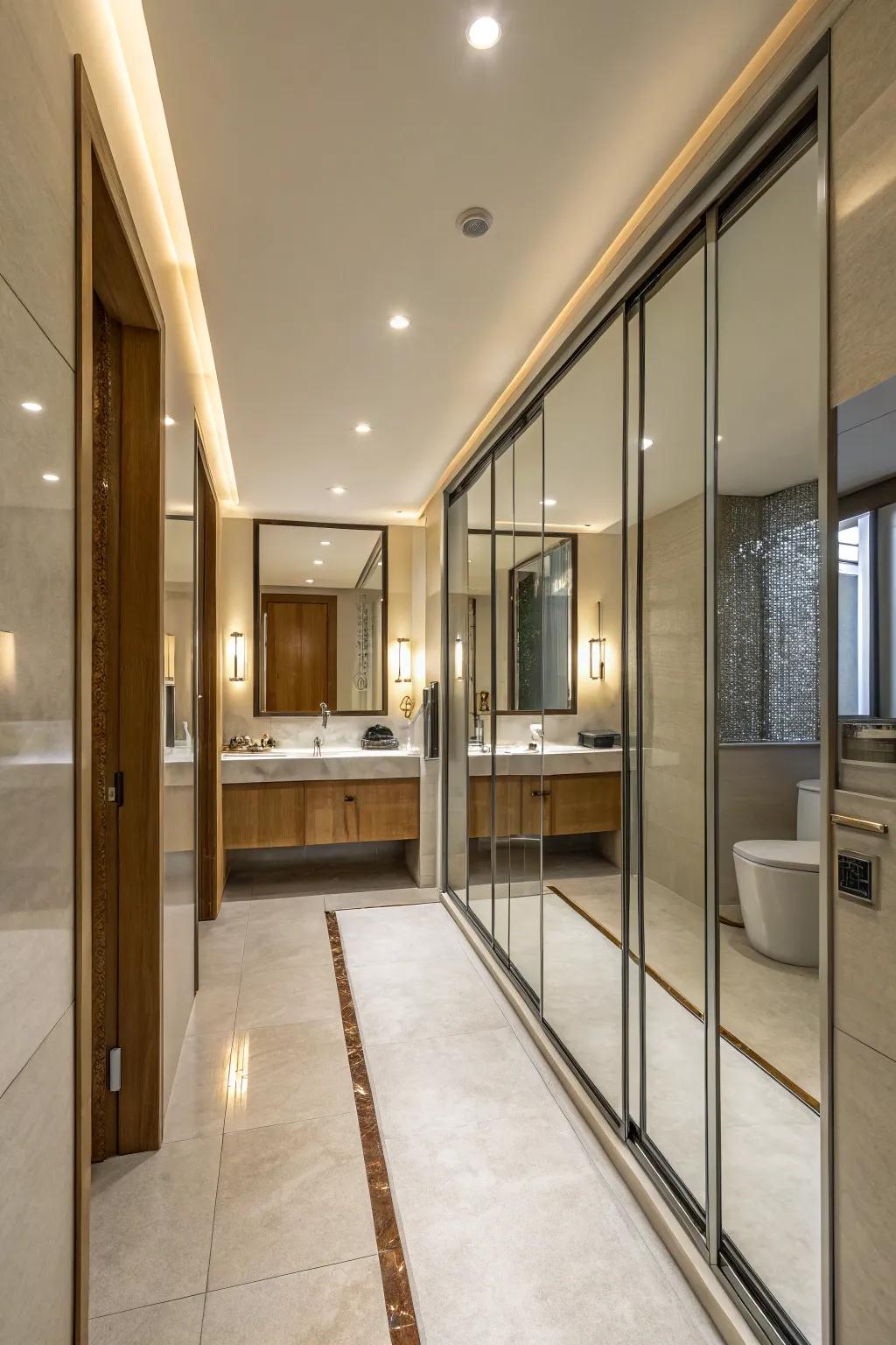 Mirrored sliding doors enhance light, making this bathroom feel airy and spacious.
