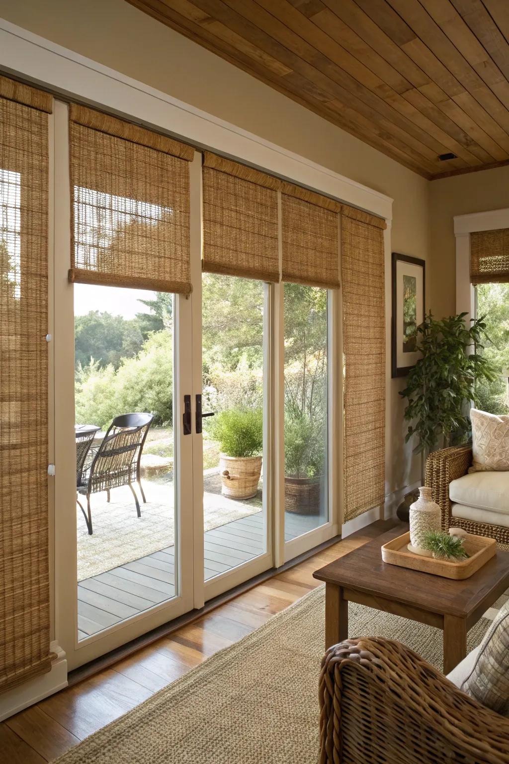 Braided wood screens provide texture and character.