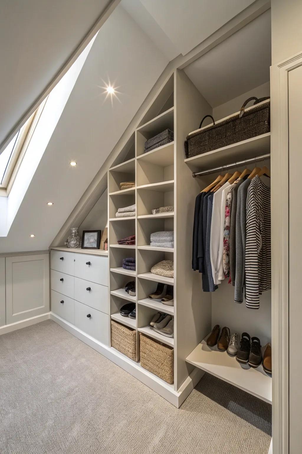 Shelves that step down create valuable storage from awkward angles.