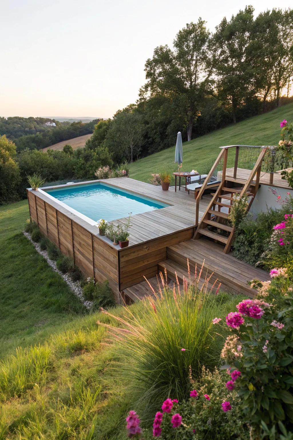 A heightened above-ground pool making the most of a sloping landscape.