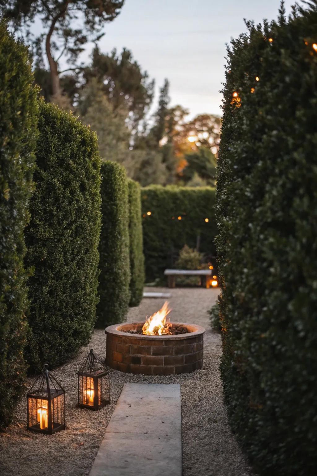 Tall hedges offer privacy and a sense of seclusion surrounding the flame pit.